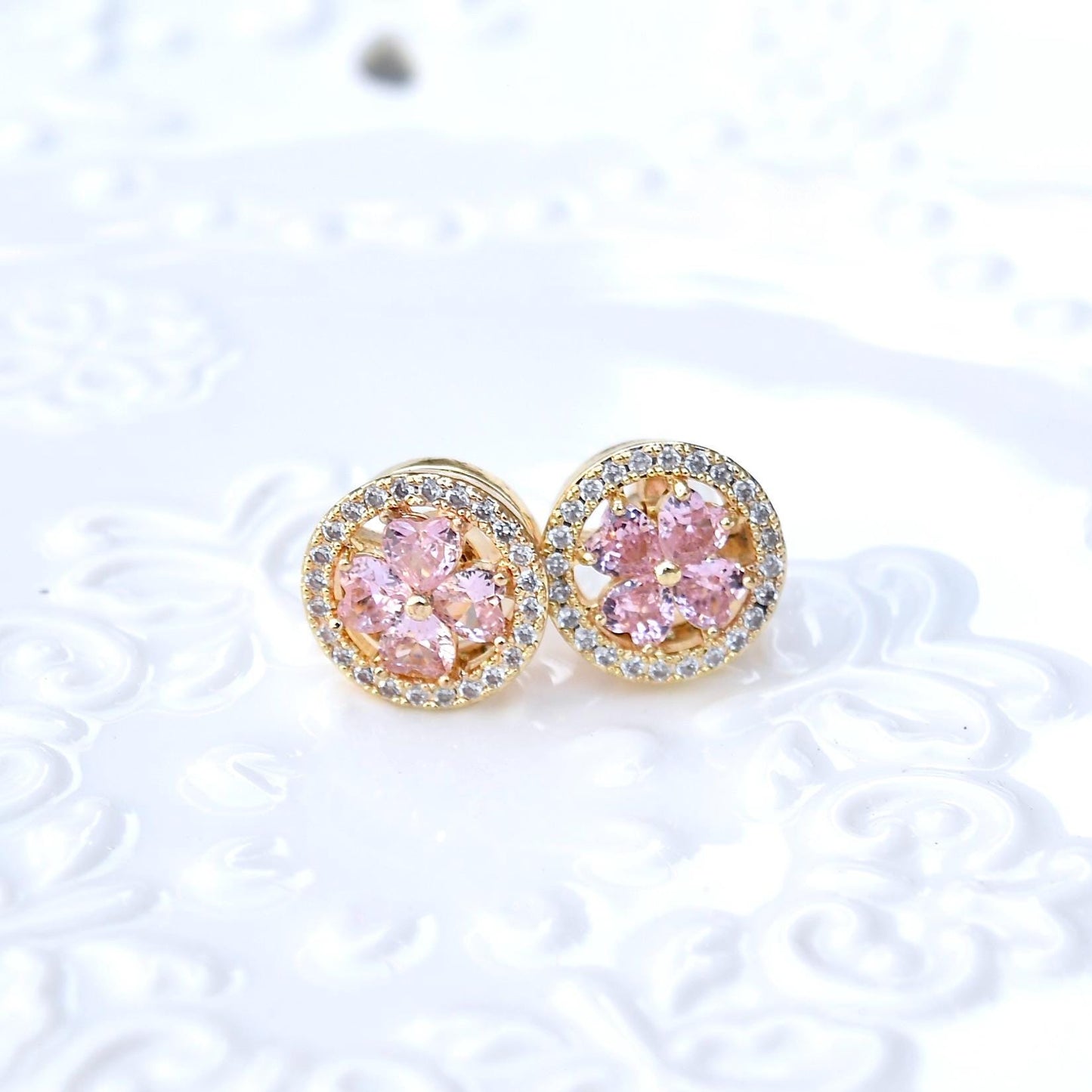 Pink Crystal Clover Stud Earrings
