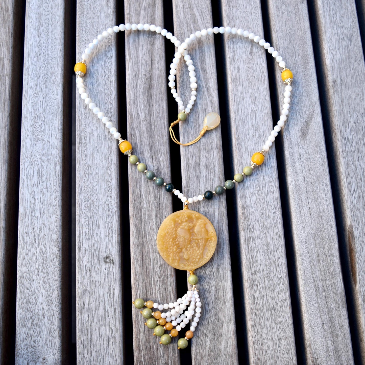 Bird Plum Blossom Pendant Shell Necklace - Yellow Aventurine Quartz Jade
