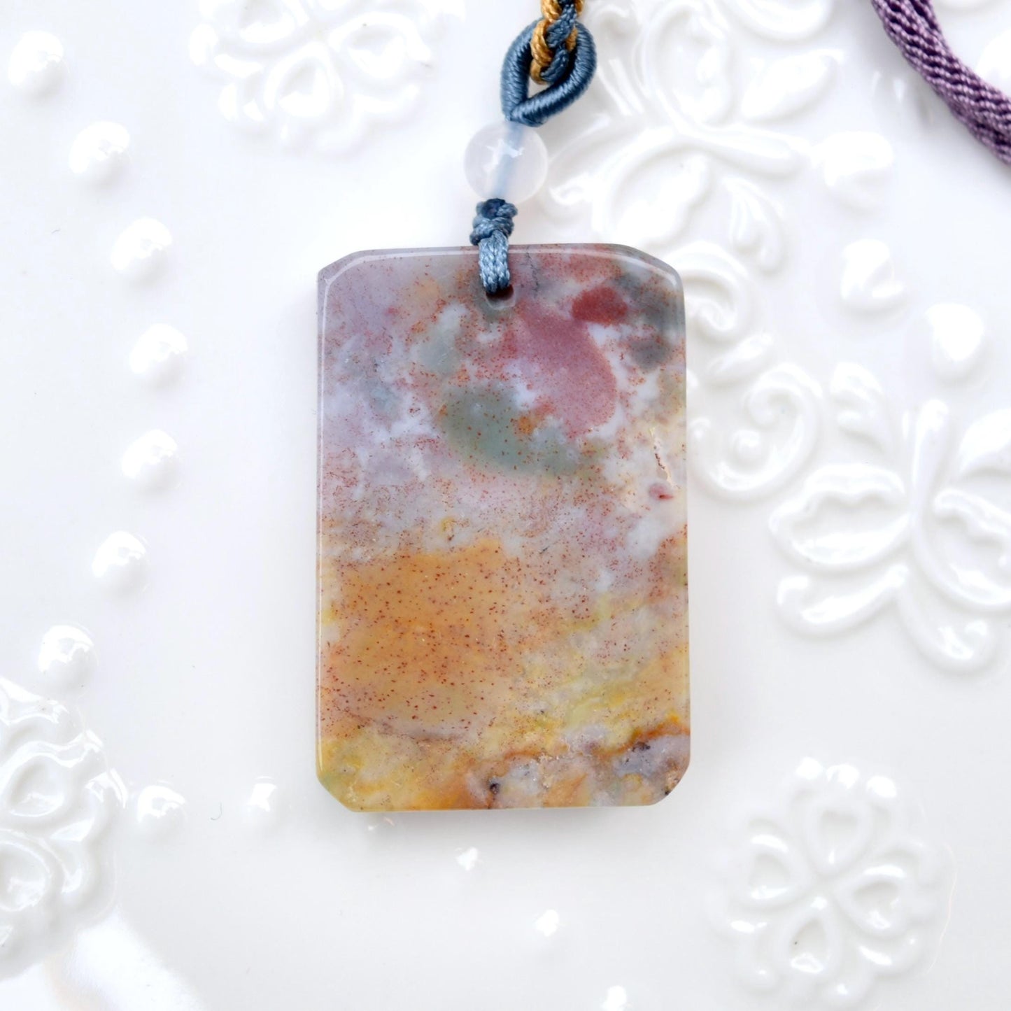 Purple Ocean Agate Pendant Rope Necklace - Peony | Dragon