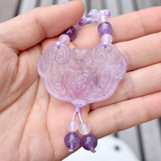 Purple Peony Lock Pendant Rope Necklace - Amethyst Crystal Pendant