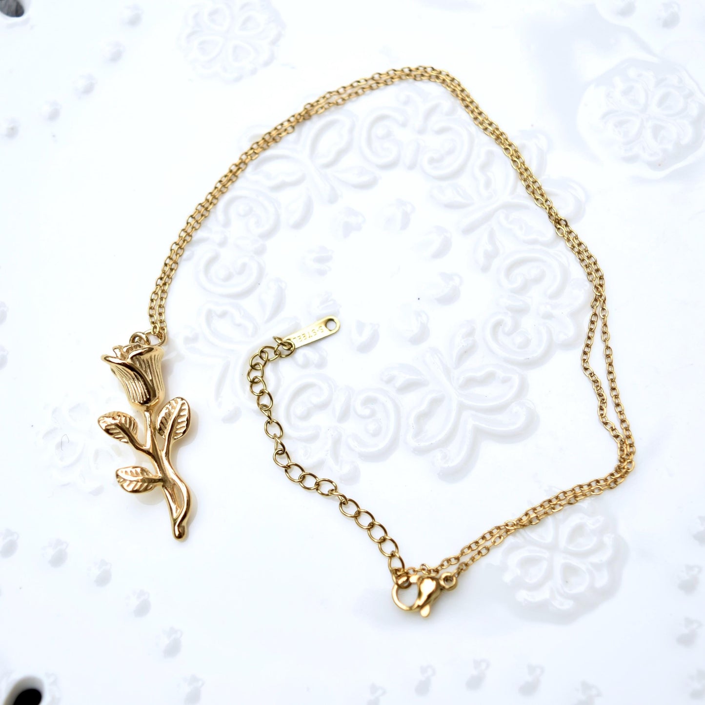 Crystal Angel Rose Charm Necklace - Cubic Zirconia Stainless Steel Necklace