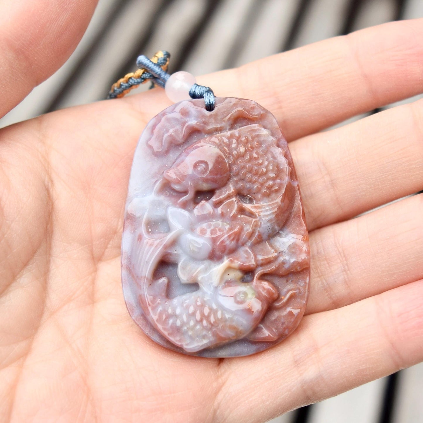 Lotus Fish Rope Necklace - Purple Ocean Agate