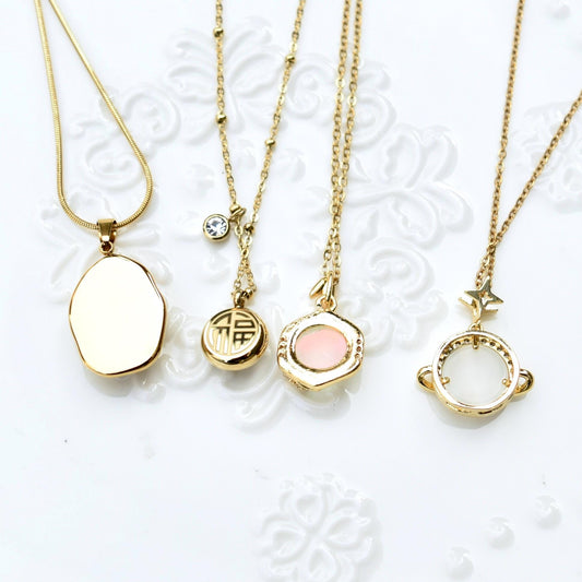 White Cat Eye Charm Necklace - Planet Fortune Bamboo - Stainless Steel