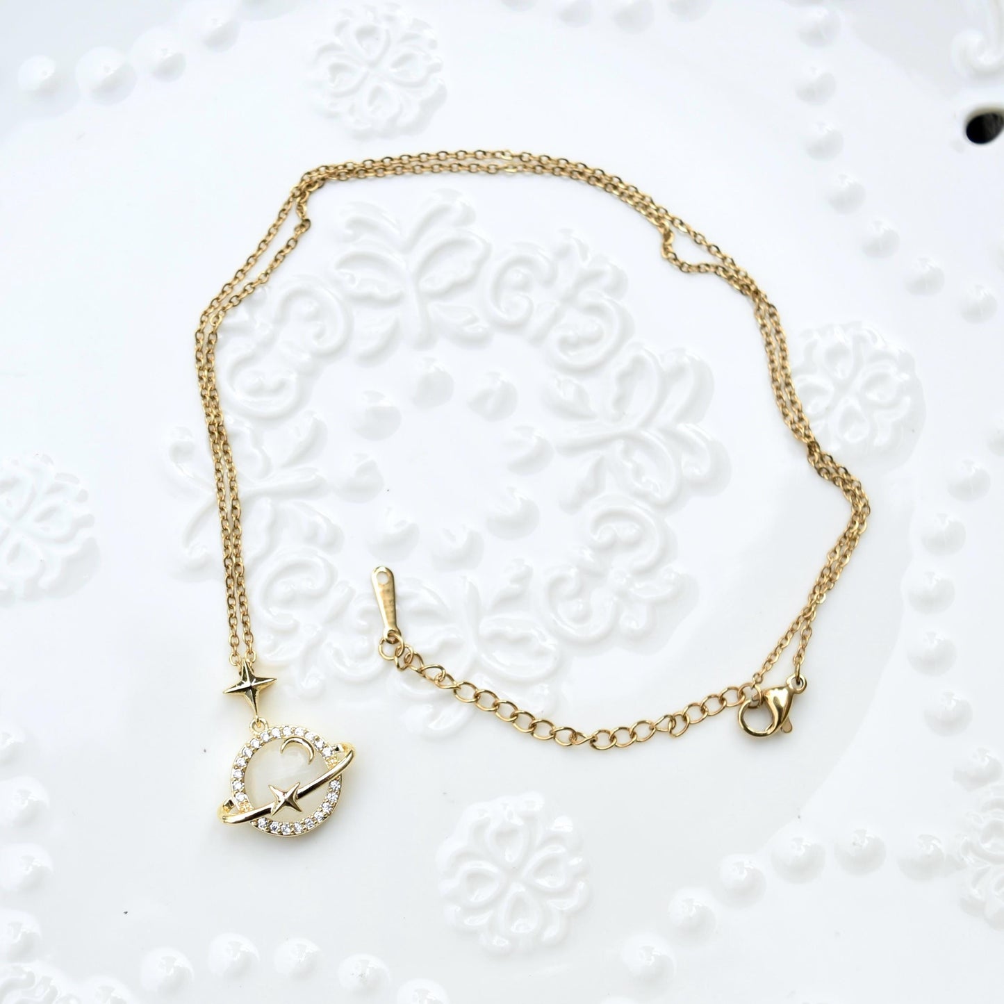 White Cat Eye Charm Necklace - Planet Fortune Bamboo - Stainless Steel