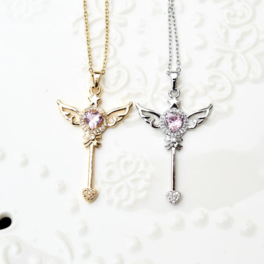 Diamond Angel Wings Charm Necklace - Cubic Zirconia Stainless Steel Necklace