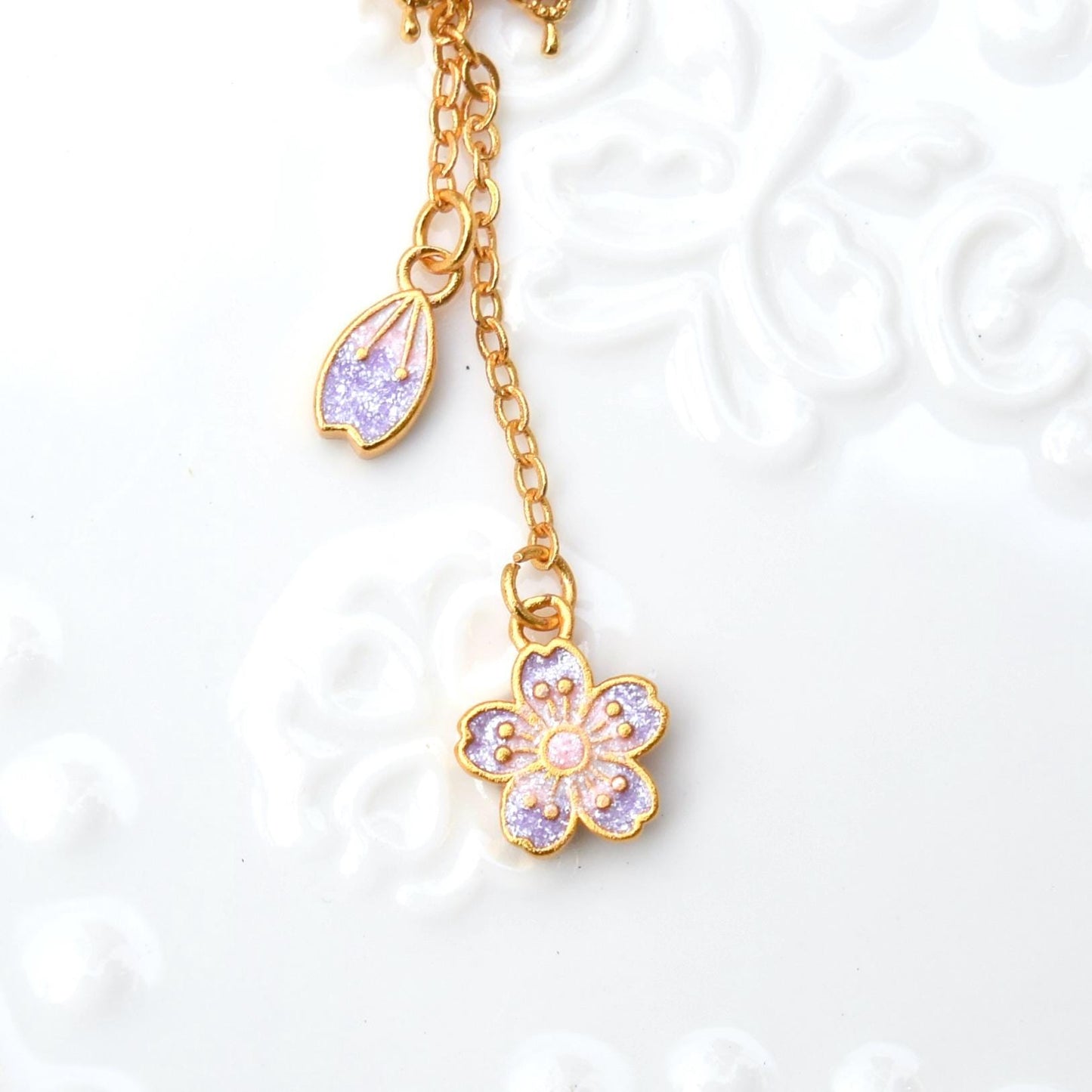 Purple Enamel Butterfly Sakura Charms Necklace - Vintage Style