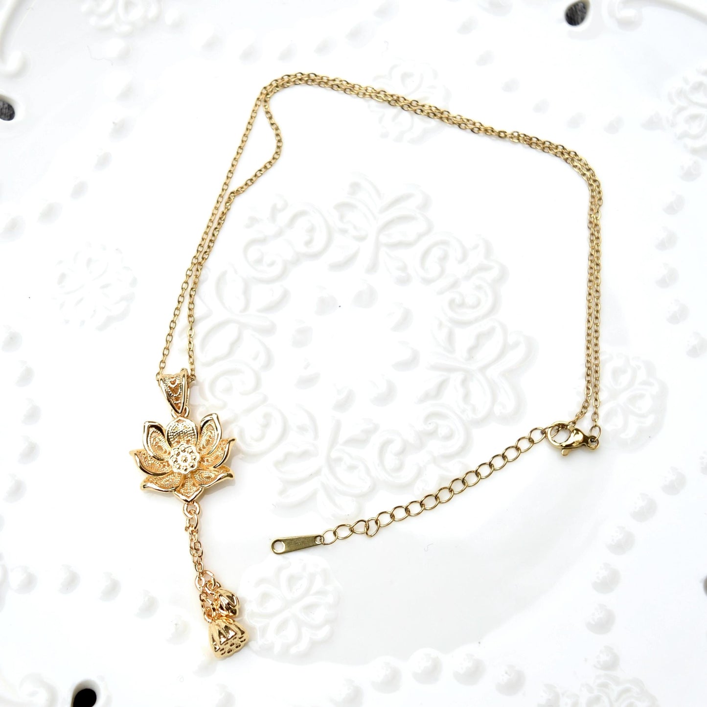 Golden Silver Lotus Charm Necklace - Stainless Steel