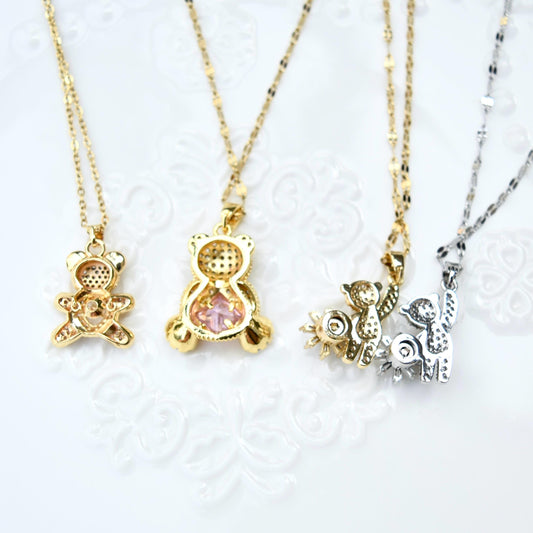 Diamond Bear Pendant Necklace - Cubic Zirconia Stainless Steel Necklace