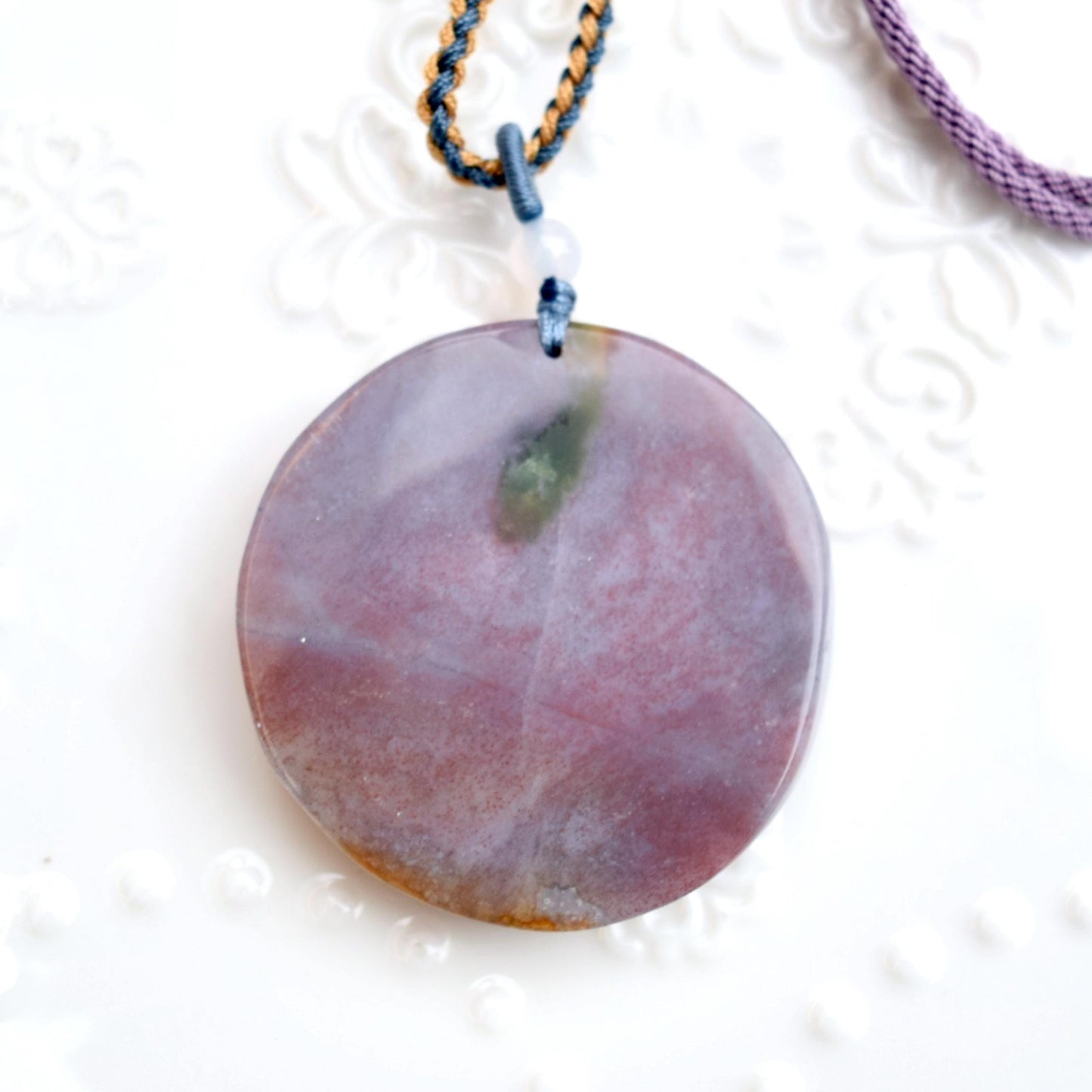 Ocean Agate Peony Pendant Rope Necklace - Green