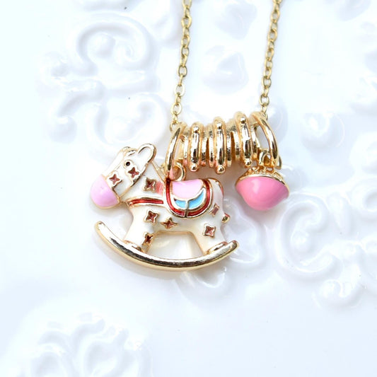 Enamel Horse Rose Charm Necklace - Oiling Painting Vintage Style