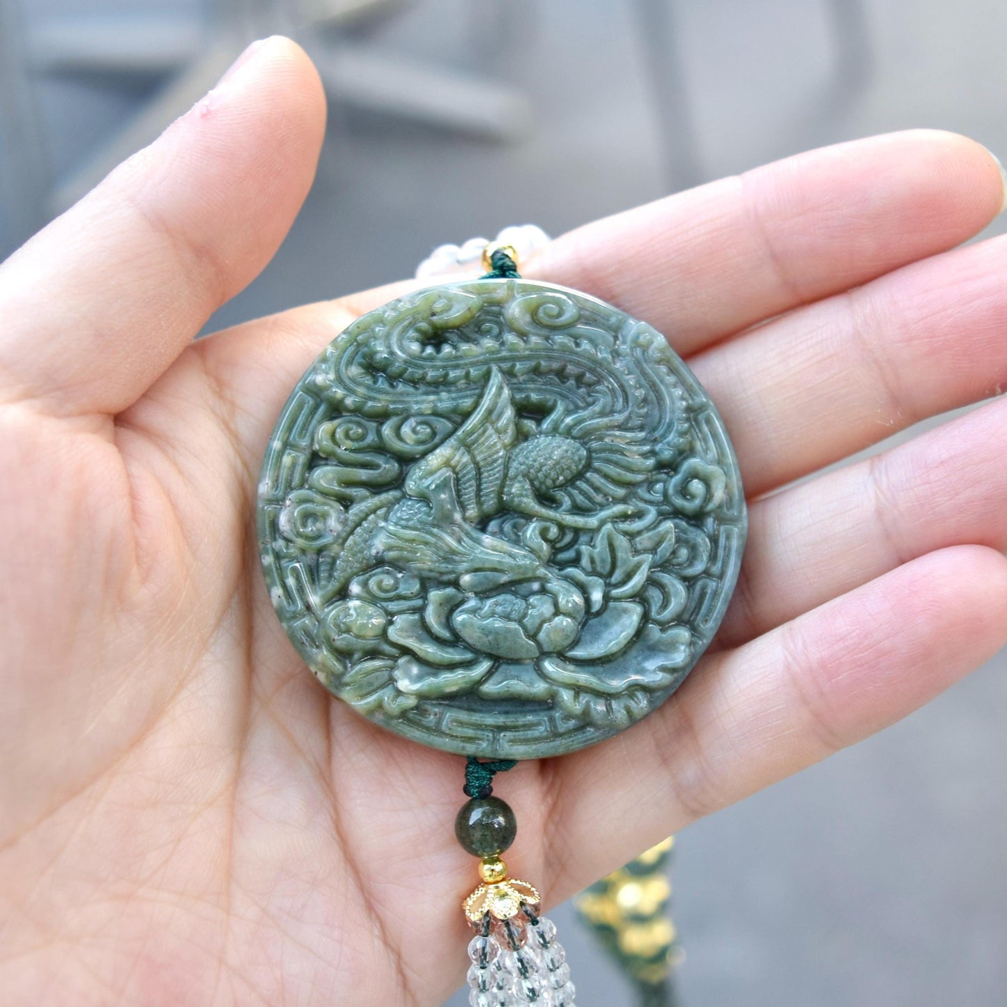 Phoenix Through Peony 鳳穿牡丹 Pendant Tassel Necklace - Green Quartz Necklace