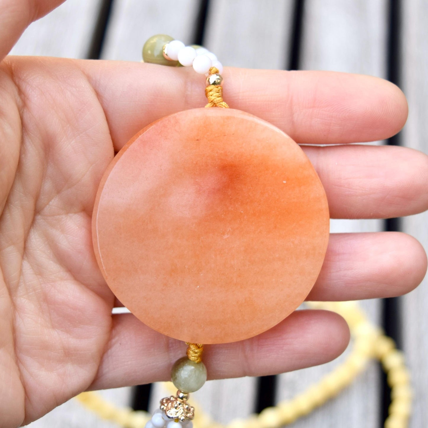Orange Quartz Jade Pendant Necklace - Ruyi Charm - Long Beaded Necklace