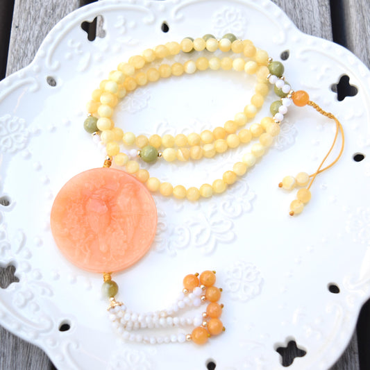 Orange Quartz Jade Pendant Necklace - Ruyi Charm - Long Beaded Necklace