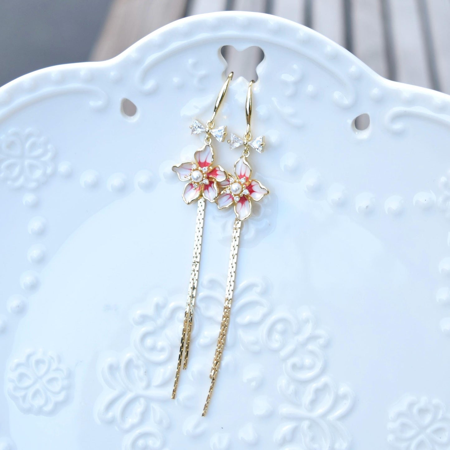 Red Flower Tassel Earrings - Asian Style Enamel Earrings