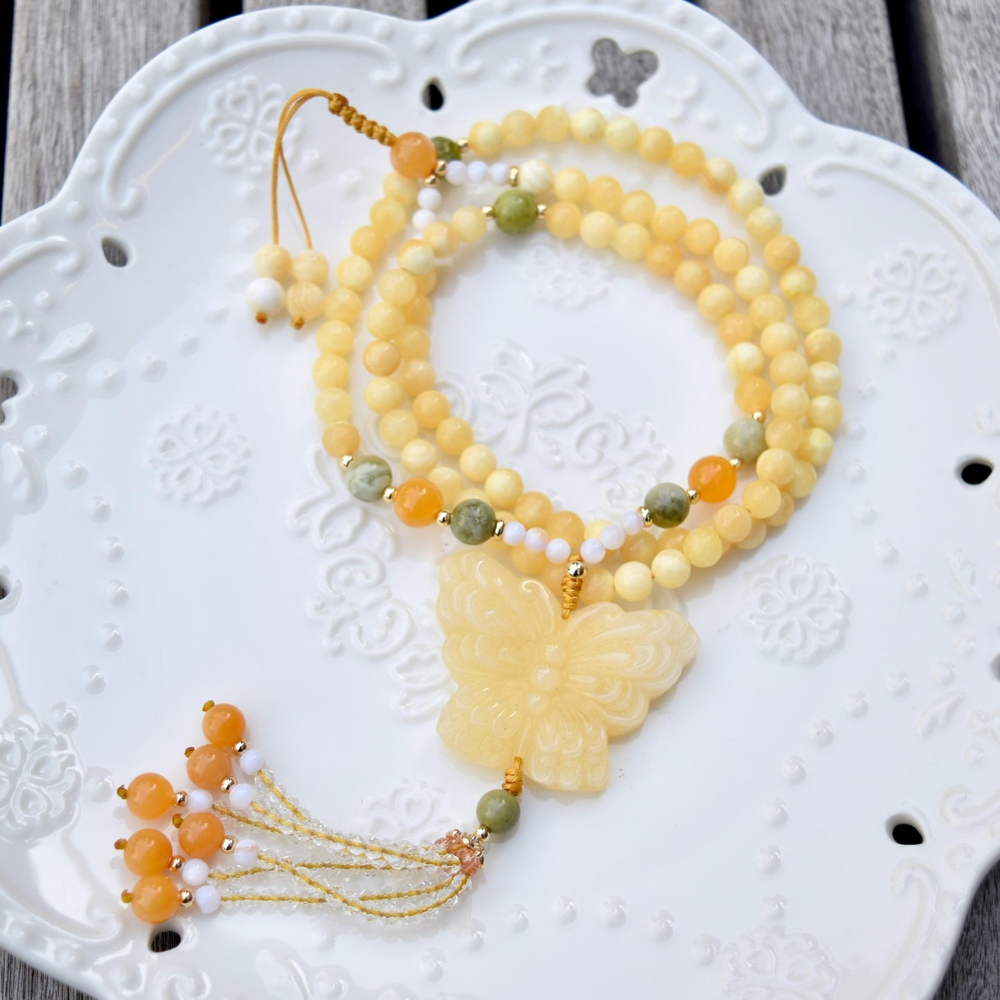 Yellow Jade Butterfly Necklace - Calcite Agate Beaded