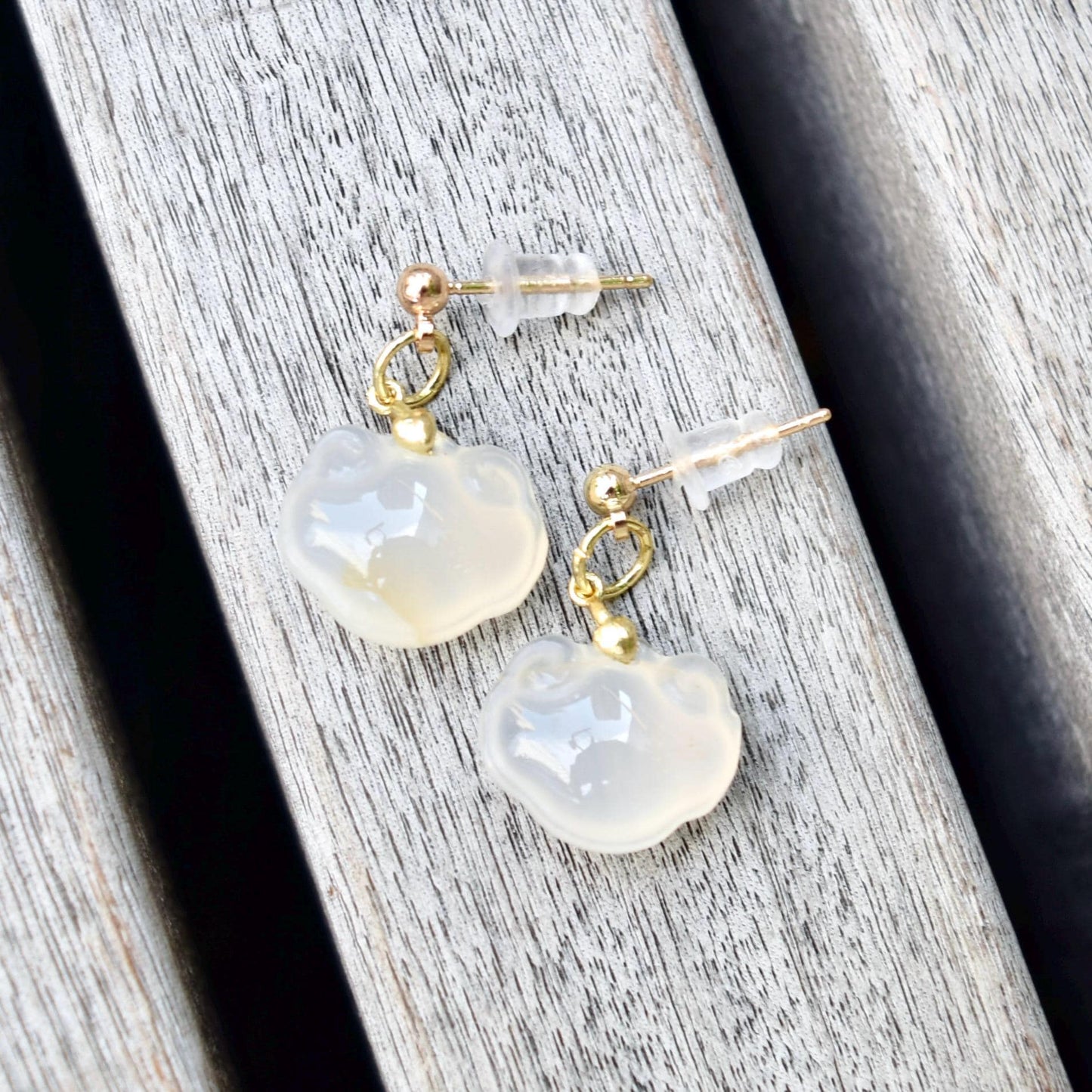White Agate Charm Earrings: Chinese Peace Buckle, Gold-Plated