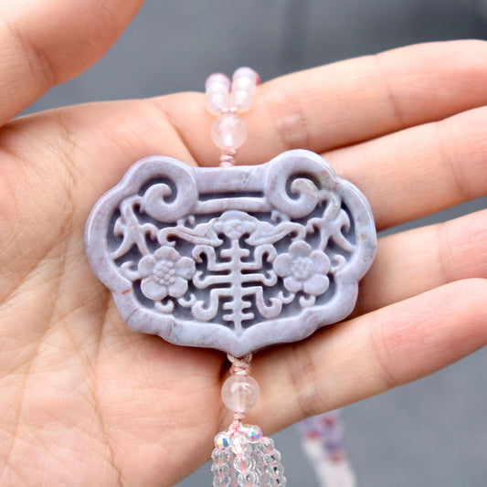Purple Ocean Jasper Flora Lock Pendant - Rose Quartz Long Necklace