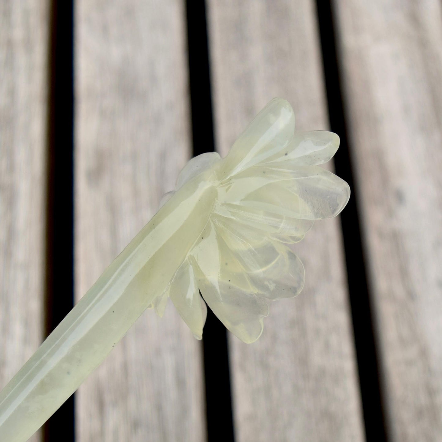 Green Icy Peony Carved Hairpin - Serpentine Jade Hair Stick