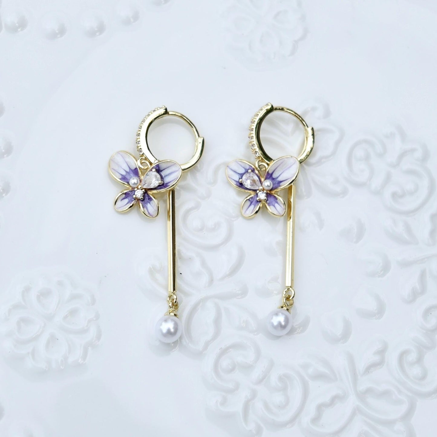 Purple Enamel Butterfly Tassel Earrings