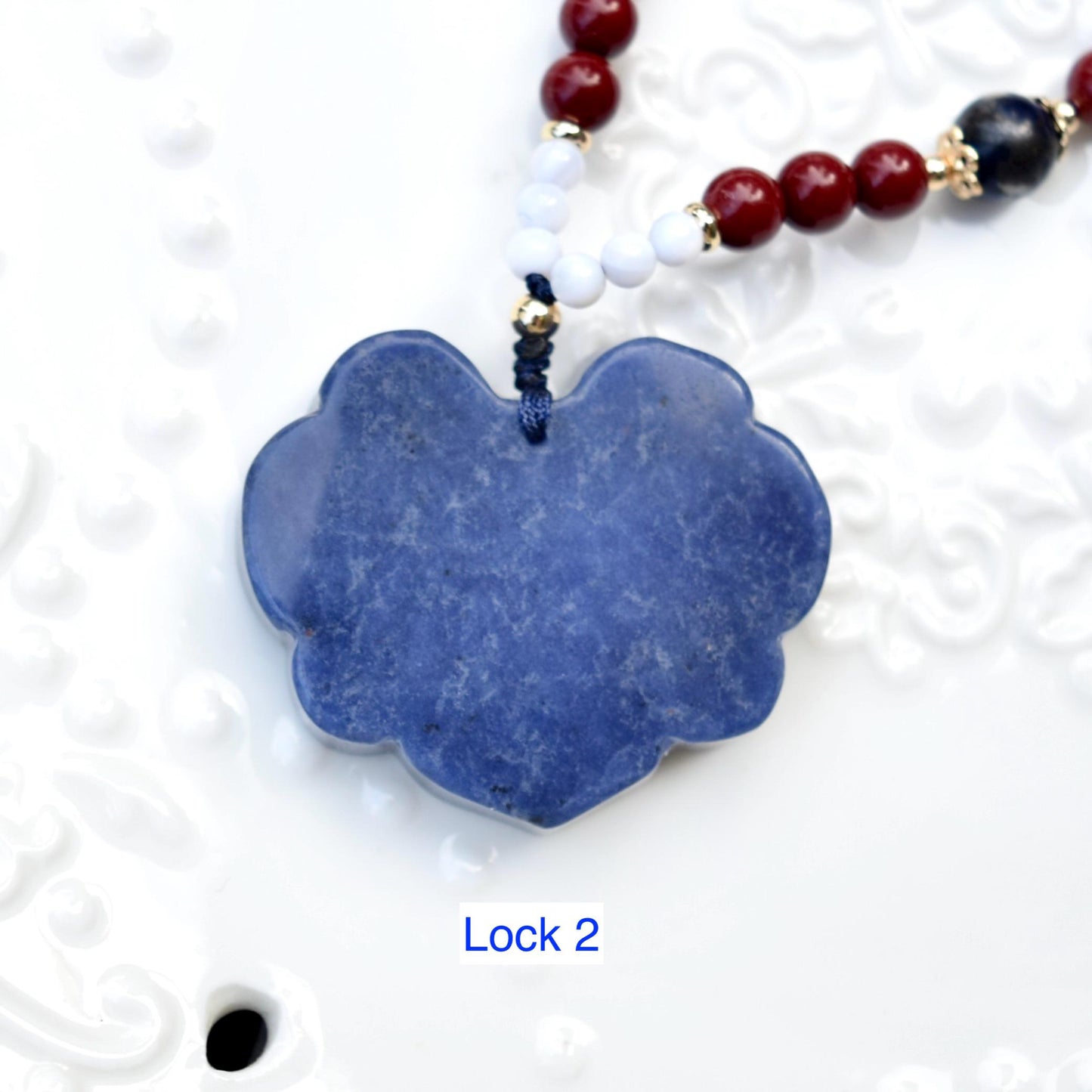 Blue Flora Lock Necklace - Sodalite - Cinnabar Beaded Chain