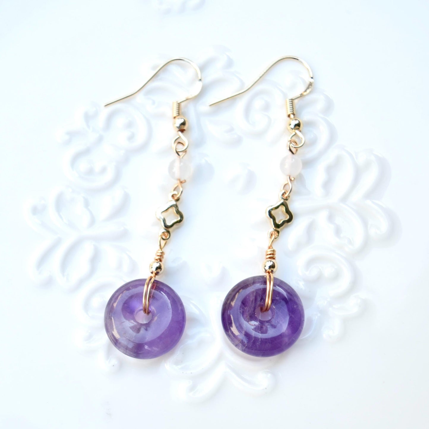 Amethyst Peace Buckle Earrings - Purple Donut Clover Earrings