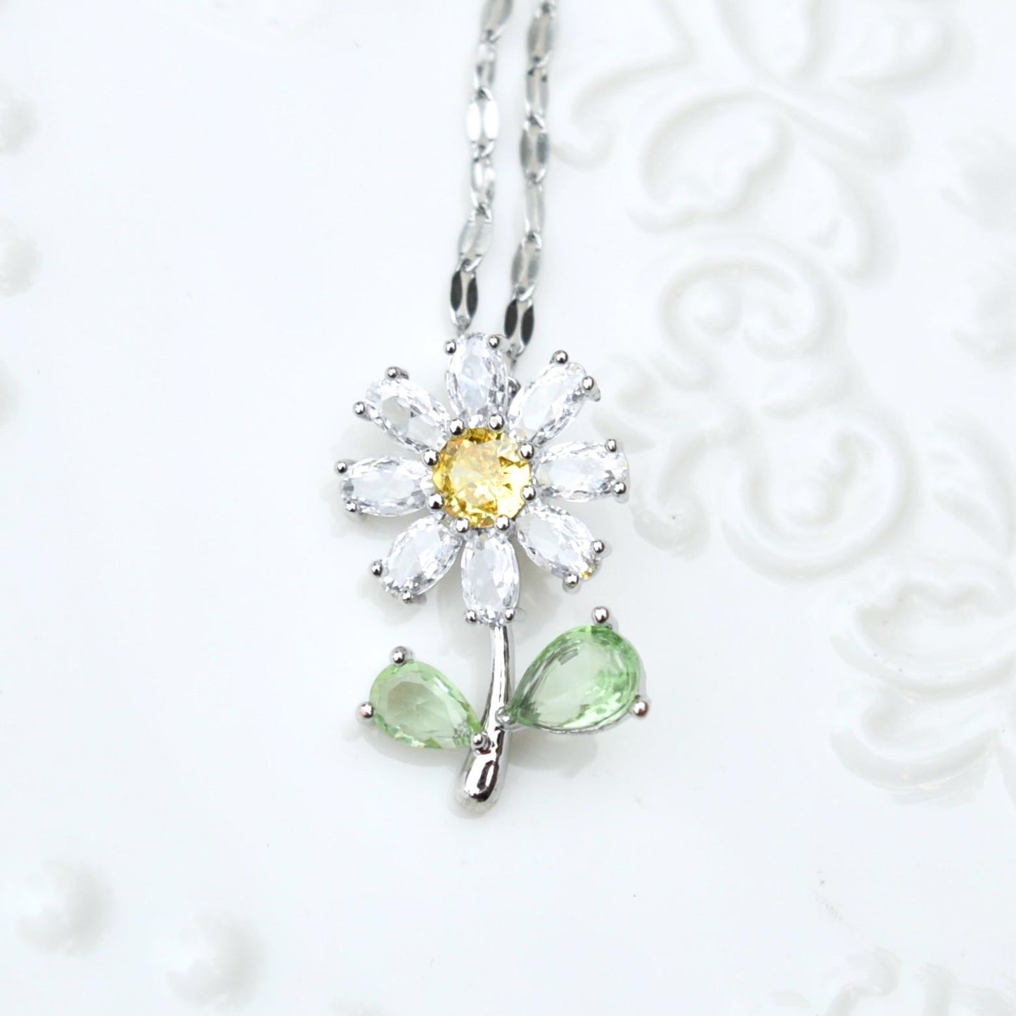 Crystals Icy Flower Charm Necklace - Cubic Zirconia Stainless Steel Necklace