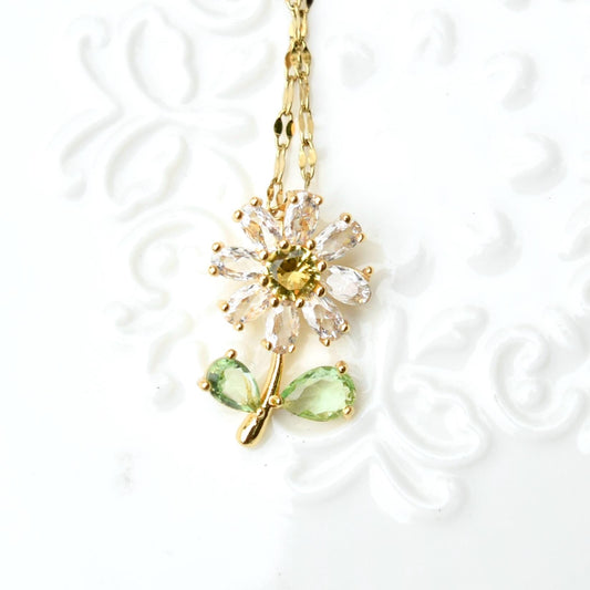 Crystals Icy Flower Charm Necklace - Cubic Zirconia Stainless Steel Necklace