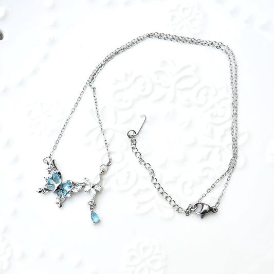 Blue Crystal Butterfly Necklace - Stainless Steel Necklace
