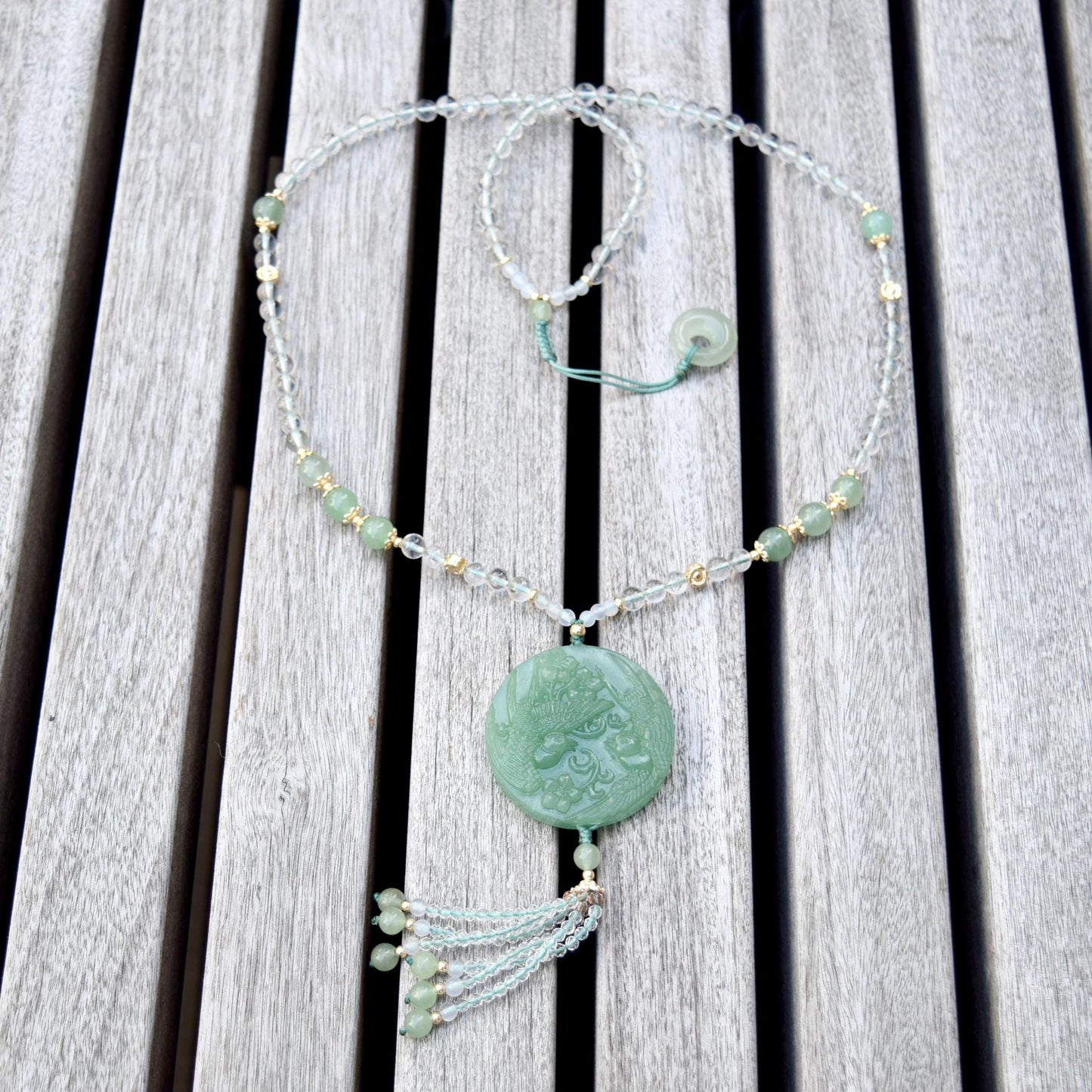 Couple Birds Pendant Necklace - Green Aventurine Clear Quartz Beaded