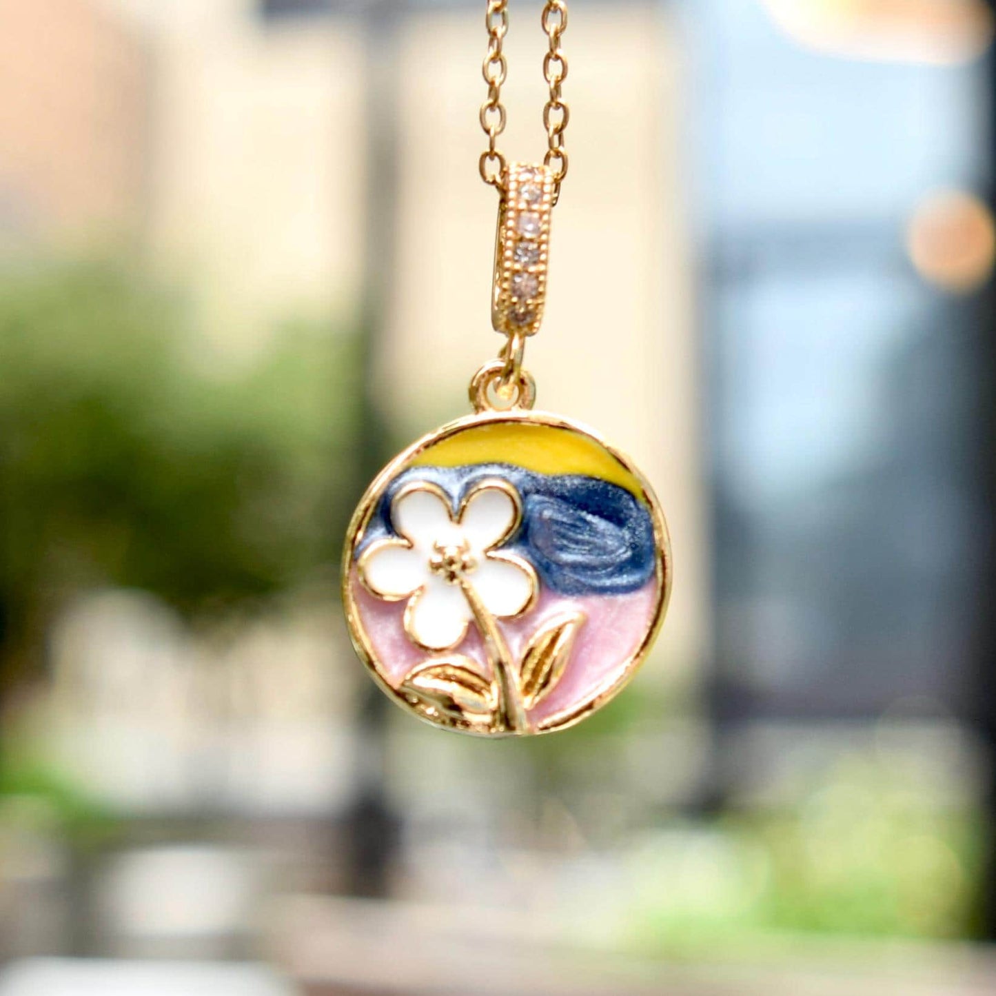 Enamel Pearl Flower Charm Necklace - Vintage Style Oil Dripping