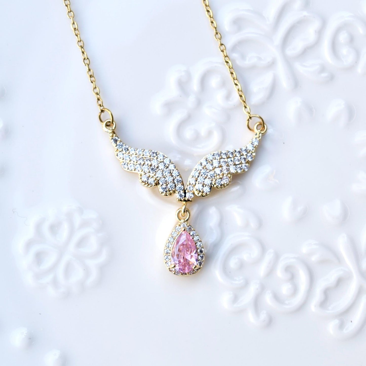 Pink Crystal Charm Princess Necklace - Square Bow Butterfly Wings Stainless Steel