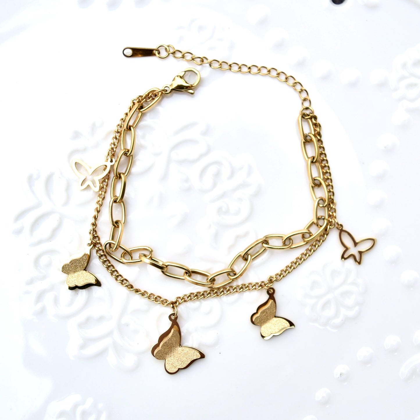 Matte Golden Butterfly Jewelry Set - Stainless Steel Necklace Bracelet