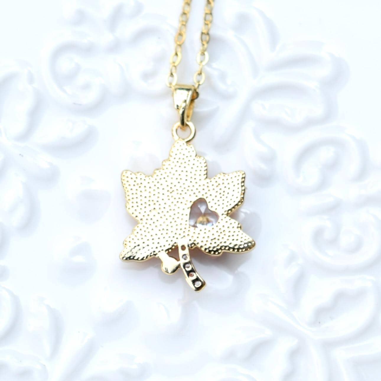 Red Crystals Maple Pendant Necklace - Stainless Steel Golden Necklace