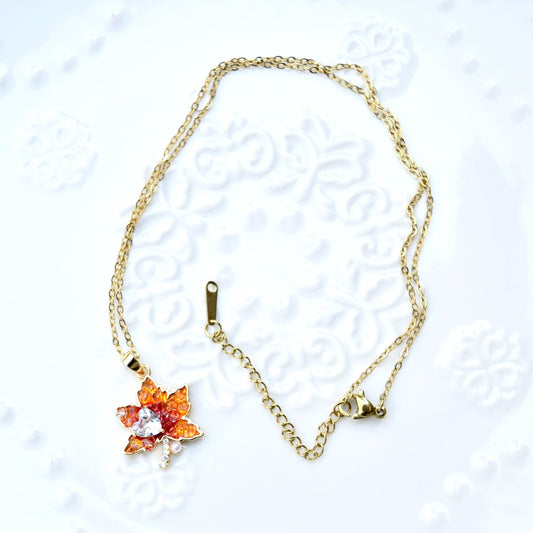 Red Crystals Maple Pendant Necklace - Stainless Steel Golden Necklace