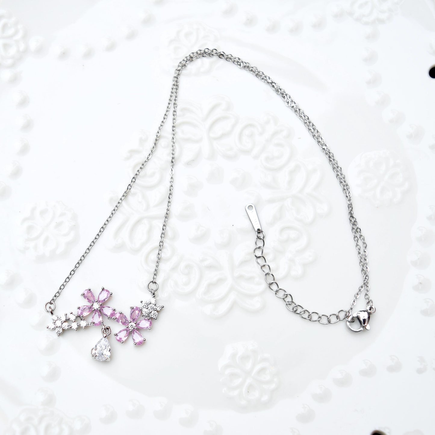 Double Sakura Charm Necklace - Pink Crystal Flower Stainless Steel