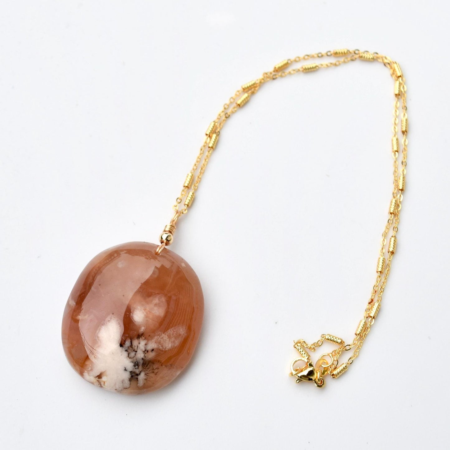 Sakura Agate Rectangle Oval Pendant Necklace- Peace Plate Pendant 無事牌 - Stainless Steel Chain