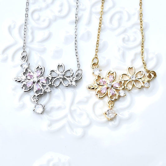 Double Sakura Charm Necklace - Pink Crystal Stainless Steel