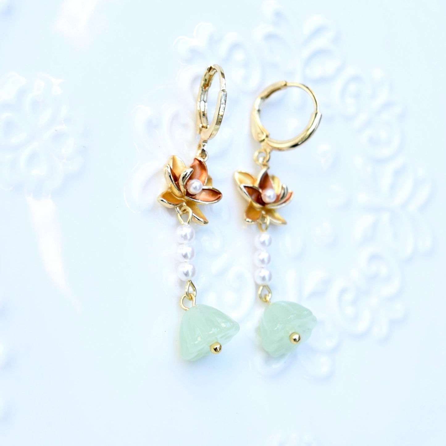Lotus Pearl Dangle Earrings - Asian Style Enamel Earrings