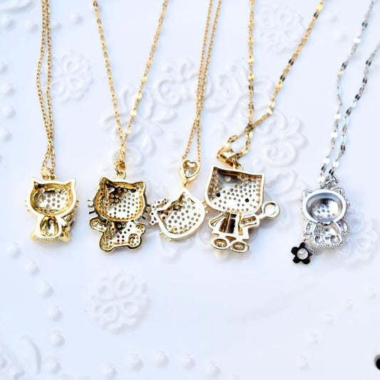 Crystal Kitty Cat Charm Golden Necklace - Sweet Style