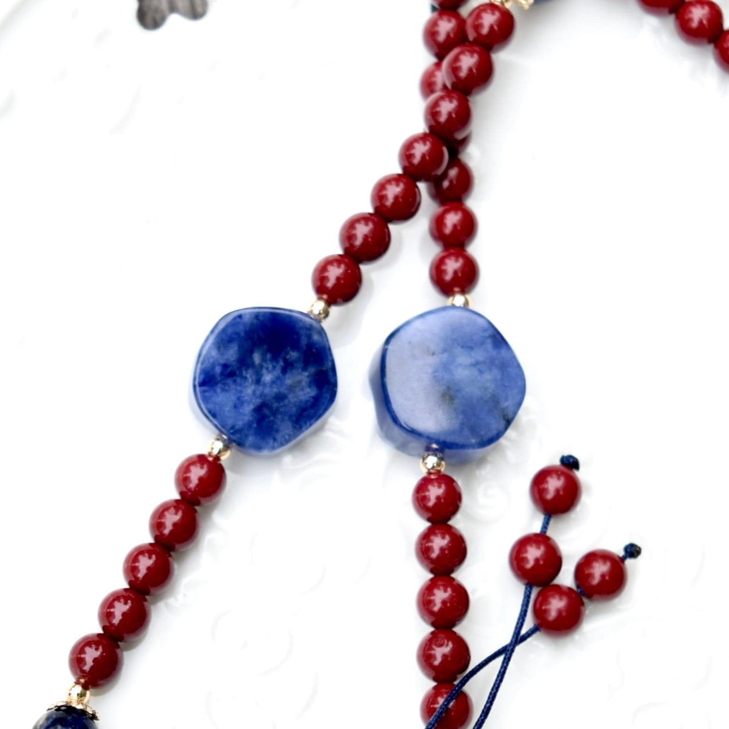Blue Dragon Phoenix Necklace - Sodalite - Cinnabar Beaded Chain