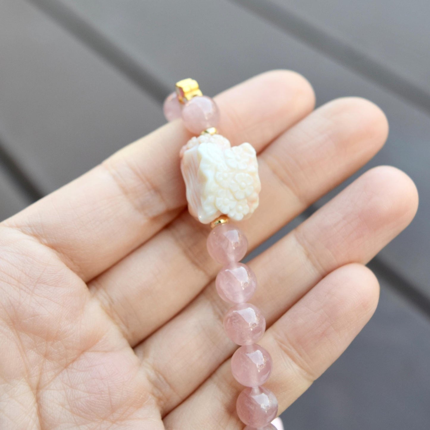 Flower Fairy Charm Bracelet - Conch Shell Rose Quartz Beads