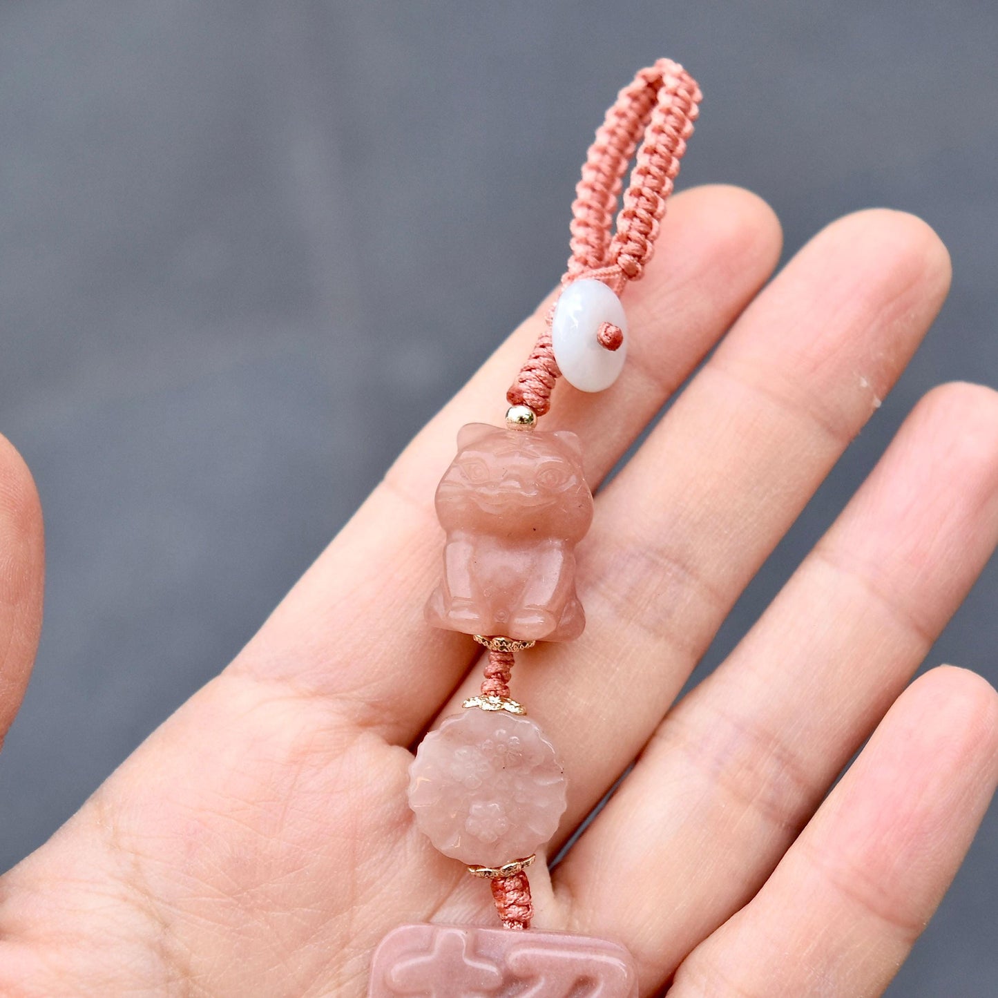 Lucky Cat Ornament - Pink Jade Bag Charm Keychain