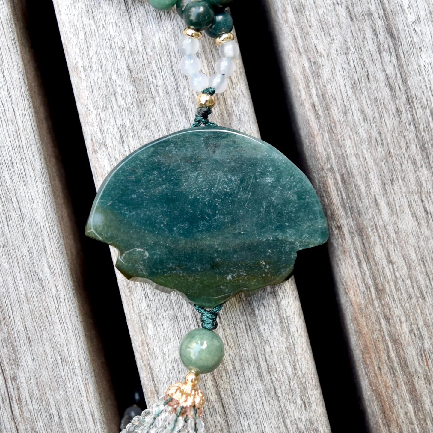 Green Flora Fan Phoenix Necklace - Ocean Jasper Long Necklace