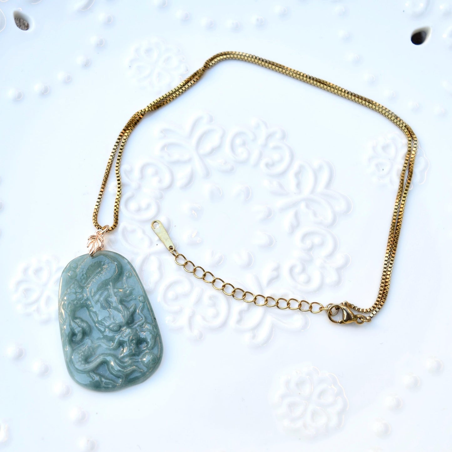 Green Jadeite Dragon Necklace - Gold Tone Stainless Steel Necklace