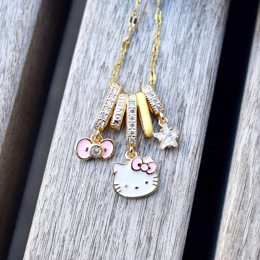 Pink Kitty Cat Charm Golden Necklace - Oil Dripping Sweet Style