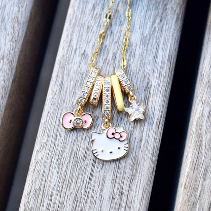 Pink Kitty Cat Charm Golden Necklace - Oil Dripping Sweet Style