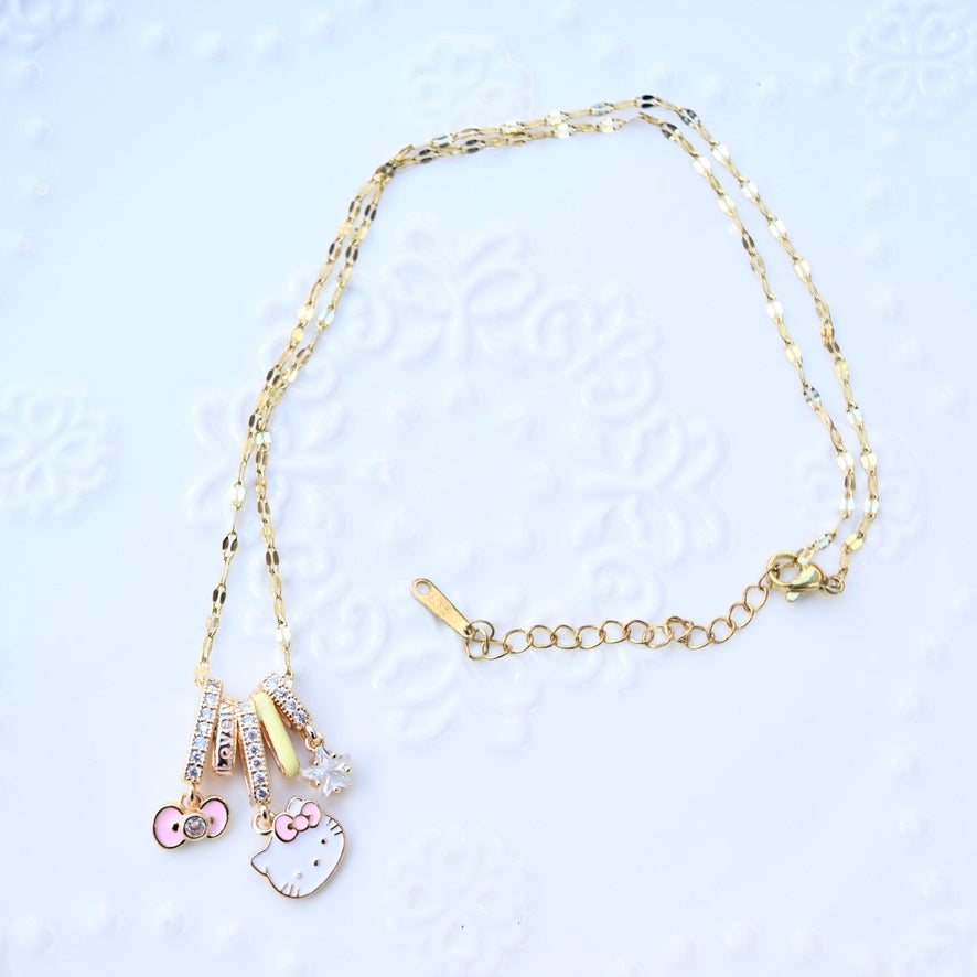 Pink Kitty Cat Charm Golden Necklace - Oil Dripping Sweet Style