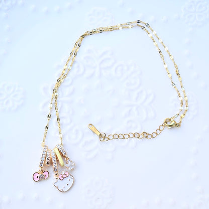 Pink Kitty Cat Charm Golden Necklace - Oil Dripping Sweet Style
