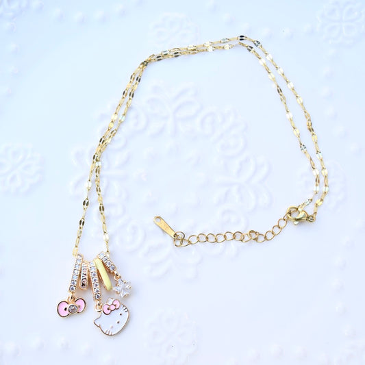 Pink Kitty Cat Charm Golden Necklace - Oil Dripping Sweet Style