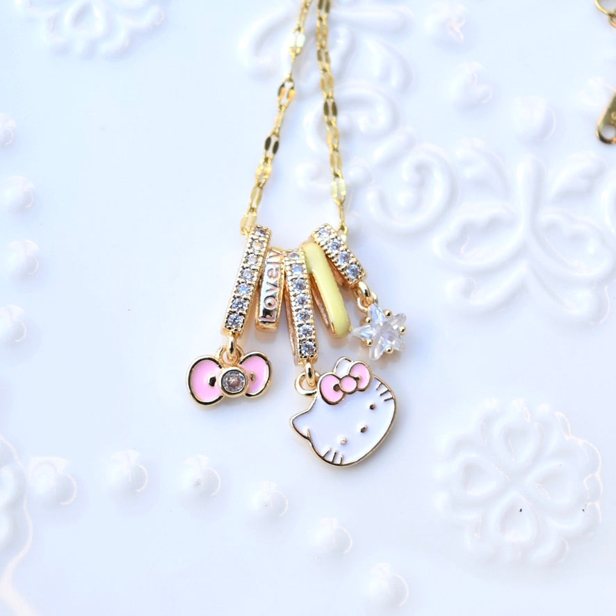 Pink Kitty Cat Charm Golden Necklace - Oil Dripping Sweet Style